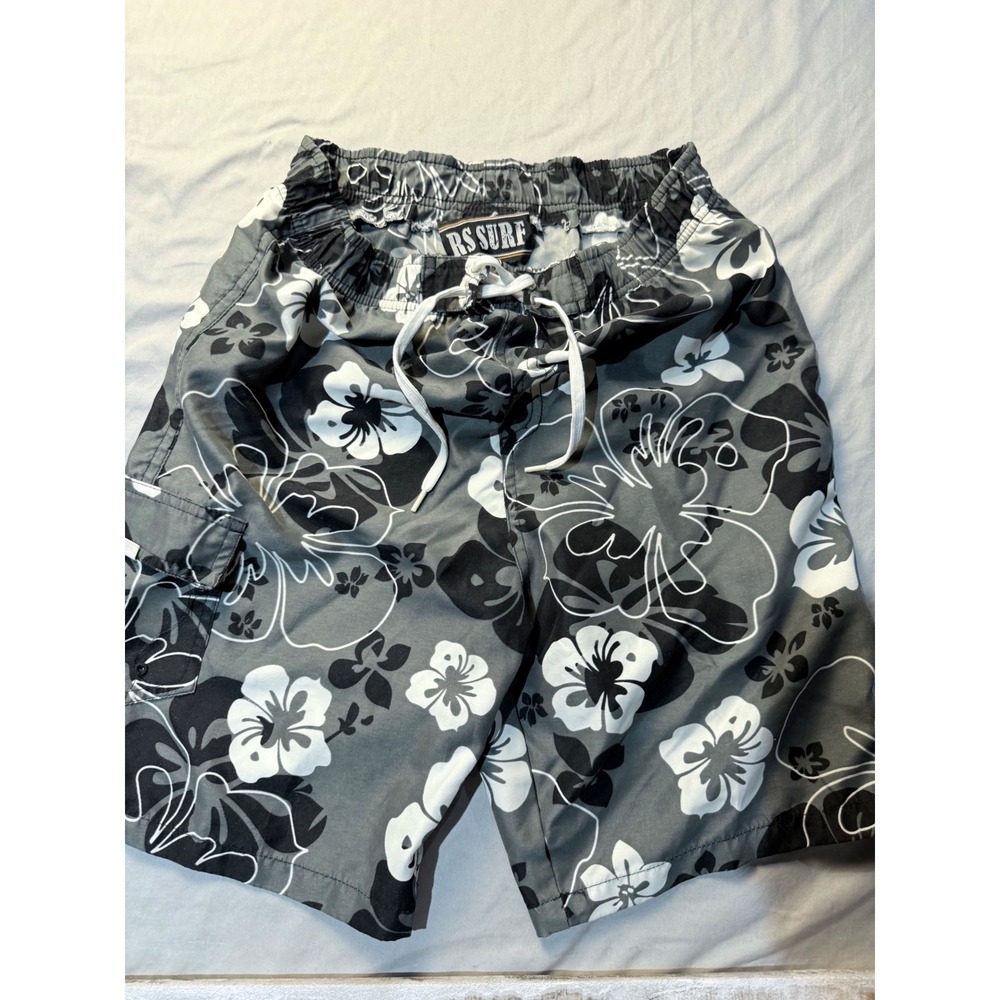 RS Surf Boys Swim Trunks Black Grey‎ Floral Hibiscus Board Shorts Size 10-12 M
